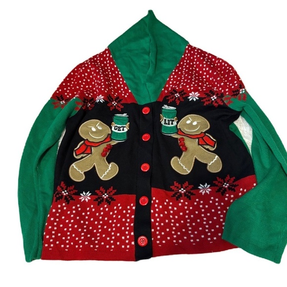 Get Lit Gingerbread Christmas Cardigan Sweater V-neck Spencer's XXL Beer - Picture 2 of 6